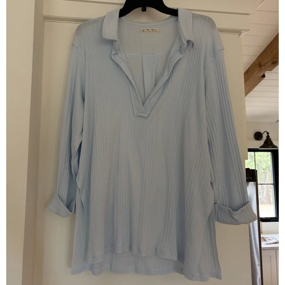 New Free People Annie Pullover Blouse top Ribbed Boho long sleeve sky blue M